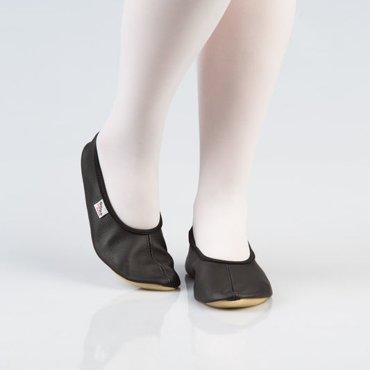 Leather Gymnastics Slippers With Rubber Ridge and Sole - Black